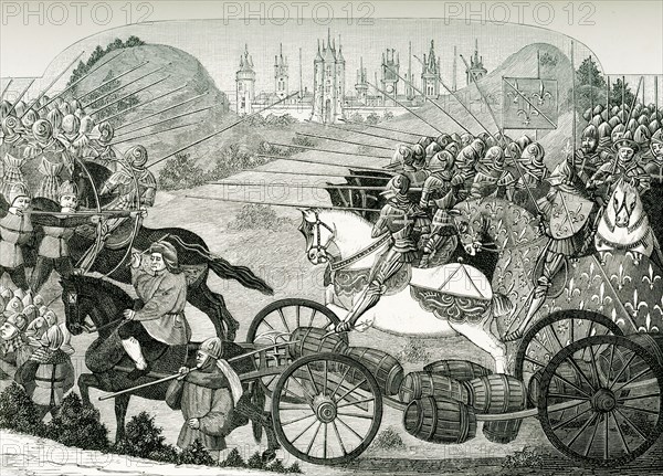 The Journey of the Herrings, from a Chronicle dating to the time of Charles III, written by Jean Charetier. On the day when Jeanne d'Arc gives this battle, she went to find the sire of Baudricourt at Vaucouleurs. She says to him: In the name of God, you are taking too long to send me, today the noble Dauphin is close to great danger in d'Orleans great dammage; and he is in danger to have it even greater if you don't send me to him soon. This supply convoy consisted of ""some 300 carts and wagons, carrying crossbow shafts, cannons and cannonballs but also barrels of herring."" The latter were being sent since the meatless Lenten days were approaching. It was the presence of this stock of fish which would give the somewhat unusual name to the battle. .