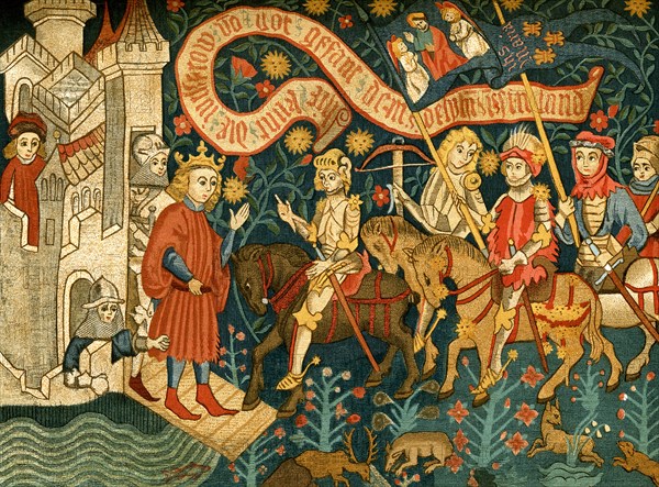 Joan of Arc (1412-1431) traveled to the castle at Chinon, a dangerous trip through enemy territory. The Dauphin Charles was there and Joan wanted to tell him that she had been sent from God to bring him aid. In this tapestry, produced in Germany in the 1400s, Charles is shown greeting Joan at the drawbridge to the castle. This did not happen, however. Rather, she was brought to the great hall and there met the Dauphin.