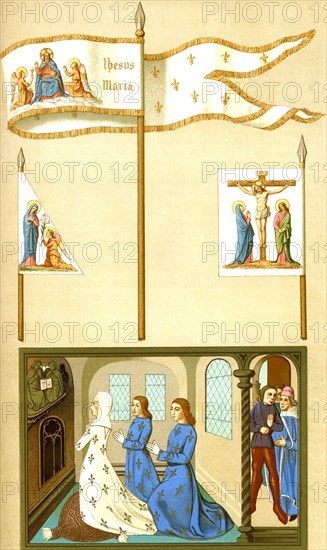 Joan of Arc (1412-1431) had three symbols: a standard (top middle), a pennant (top left), and a banner (top right). Shown at the bottom is Joan, representing France, in prayer. The manuscript illustration dates to 1484 and is housed in National Library in Paris, France.