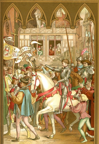 In April 1429, Charles VII gave Joan of Arc (1412-1431) permission to lead French troops to free the city of Orleans. On April 29, she arrived in the city, as pictured here in this lithograph. In this lithograph that dates to soon after Joan's time, Joan is on her white horse, her standard in front of her. The people flock about her, hoping to touch her or at least her horse. .