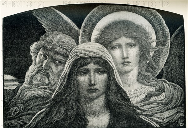 This illustration shows the painting titled The Soul between Faith and Doubt by Elihu Vedder. Elihu Vedder (1836-1923) was an American symbolist painter, book illustrator, and poet, born in New York City. He is best known for his fifty-five illustrations for Edward FitzGerald's translation of The Rubaiyat of Omar Khayyam. .