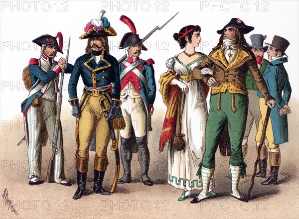 The figures illustrated here represent French people between 1790 and 1804. They are, from left to right: Grenadier (1793), General (1794), Soldier of the Guard (1794), Lady, two Dandies (Incroyables - members of a fashionable aristocratic subculture in Paris - from 1795), and a Gentleman (1804). The illustration dates to 1882.