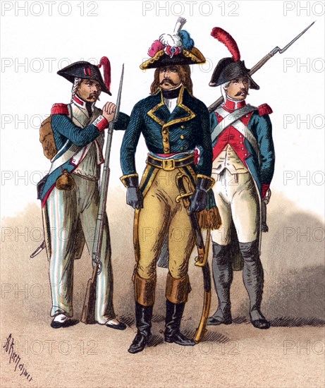 The figures illustrated here represent French people between 1790 and 1804. They are, from left to right: Grenadier (1793), General (1794), and a Soldier of the Guard (1794).The illustration dates to 1882.