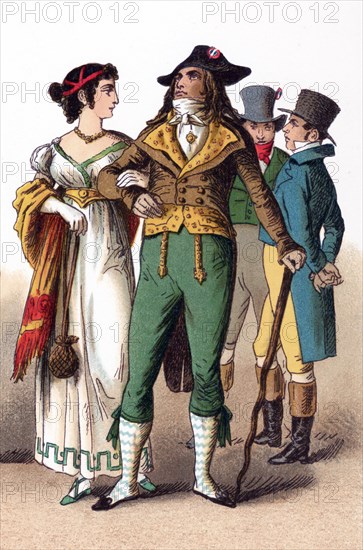 The figures illustrated here represent French people between 1790 and 1804. They are, from left to right: , Lady, two Dandies (Incroyables - members of a fashionable aristocratic subculture in Paris - from 1795), and a Gentleman (1804). The illustration dates to 1882.