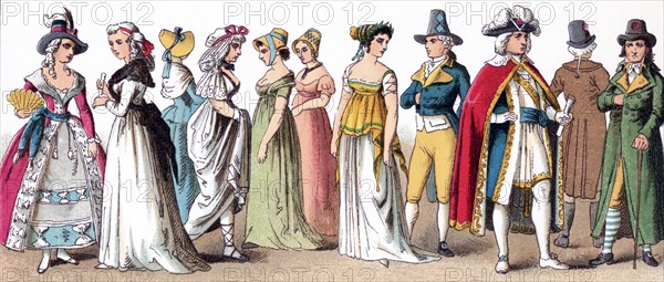 The figures illustrated here represent French people between 1790 and 1804. They are, from left to right: three ladies (1790), female citizen (1795), three female citizens (1799), citizen (1790), Member of the Directory, two citizens (1792).The illustration dates to 1882.