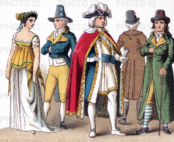 The figures illustrated here represent French people between 1790 and 1799. They are, from left to right: female citizen (1799), citizen (1790), Member of the Directory, and two citizens (1792). The illustration dates to 1882.