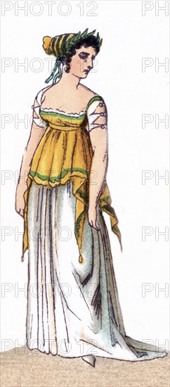 The figure illustrated here represents a French female citizen in 1799). The illustration dates to 1882.