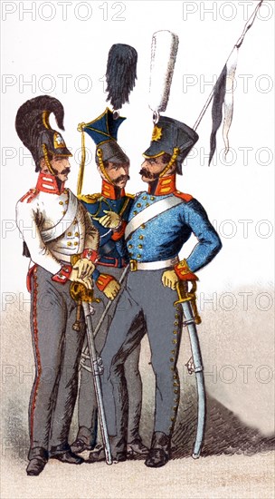 The figures pictured here represent Prussian military in the early 1800s. From left to right, they are: Cuirassier 1814, Uhlan, and Dragoon. The illustration dates to 1882.