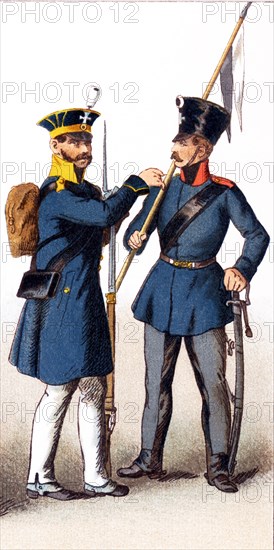 The figures pictured here represent Prussian military in the early 1800s. From left to right, they are: Silesian Militia, and Militia Cavalry. The illustration dates to 1882.