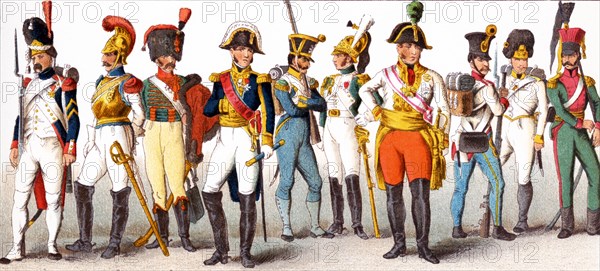 The figures pictured here represent Prussian military. From left to right, they are: French Grenadier of Imperial Guard 1809, French Carabineer 1812, French chasseur, French General 1810, French Infantry of the line, French Officer of Dragoons, Austrian Field Marshal 1809, Austro-Hungarian infantry 1815, Austrian Grenadier 1813, Austrian Uhlan 1809. The illustration dates to 1882.