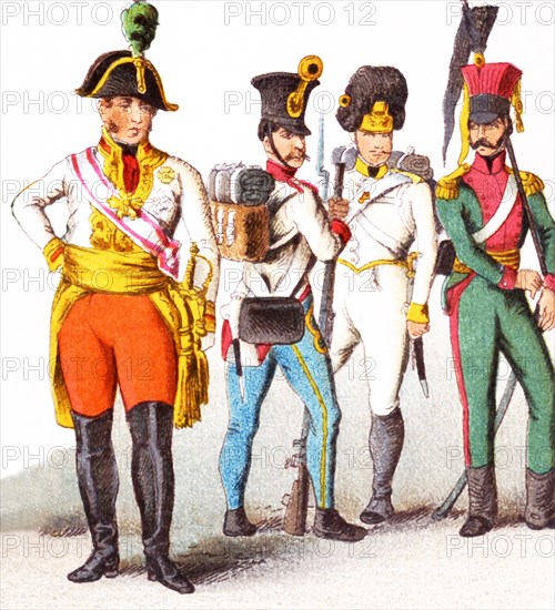 The figures pictured here represent Austrian military. From left to right, they are: Austrian Field Marshal 1809, Austro-Hungarian infantry 1815, Austrian Grenadier 1813, Austrian Uhlan 1809. The illustration dates to 1882.