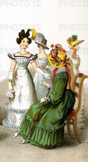 Pictured here are German women. They are from left to right: lady in 1827, lady in 1826, lady in 1829, lady in 1824. The illustration dates to 1882.