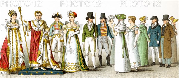 Pictured here are French men and women from 1804-1812. They are from left to right: Empress Josephine, Napoleon I in coronation robes in 1804, minister in 1806, lady of the court in 1808, gentleman in 1807, gentleman in 1812, two ladies in 1808, two ladies in 1810, gentleman in 1811, gentleman in 1812, lady in 1812. The illustration dates to 1882.