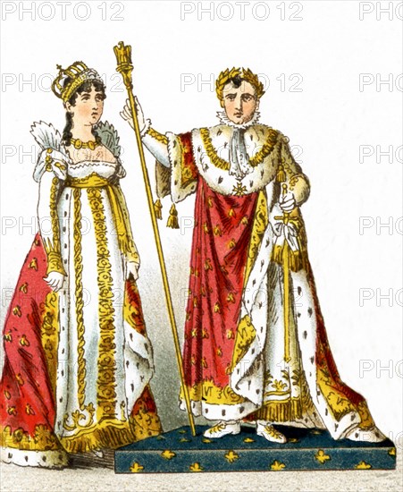 Pictured here are the French Empress Josephine and Napoleon I in his coronation robes in 1804. The illustration dates to 1882.