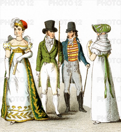 Pictured here are French men and women from 1804-1812. They are from left to right: lady of the court in 1808, gentleman in 1807, gentleman in 1812, lady in 1808. The illustration dates to 1882.