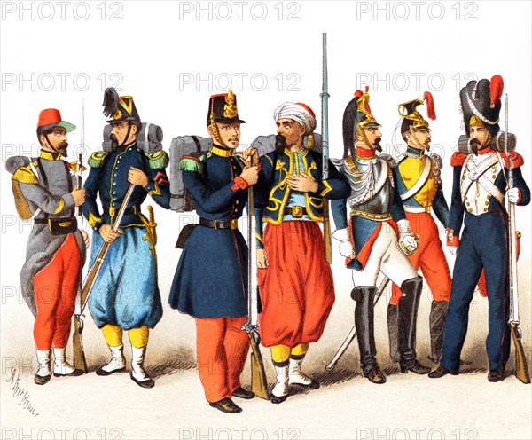 The figures represented here date to between 1834-1864 are, from left to right: French voltigeur of a light infantry regiment in Africa, chasseur, infantry of the line, Zouave, cuirassier, lancer, grenadier. This illustration dates to 1882.