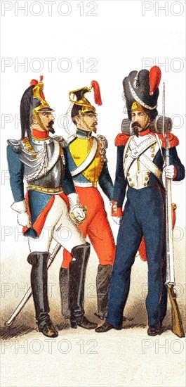 The figures represented here date to between 1834-1864 are, from left to right: cuirassier, lancer, and grenadier. This illustration dates to 1882.