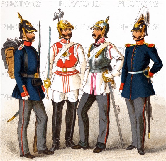 The figures represented here are Pussian military in 1846. From left to right they are: The line man, a Body Guard, a Cuirassier, and an Officer of the Guard. This illustration dates to 1882.