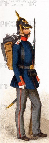 The figure represented here is a Prussian line man in 1846. This illustration dates to 1882.