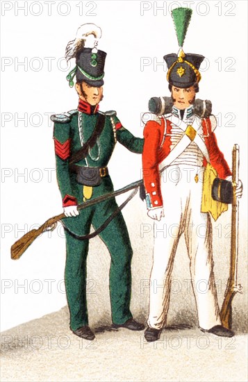 The figures represented here are English military in 1830. From left ot right, they are a Rifleman and an Infantry guard. This illustration dates to 1882.