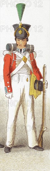 The figure represented here is an English infantry guard from the 1800s. This illustration dates to 1882.