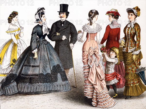 The figures pictured here, represent German fashions during the years 1834 to 1881. The illustration dates to 1882.