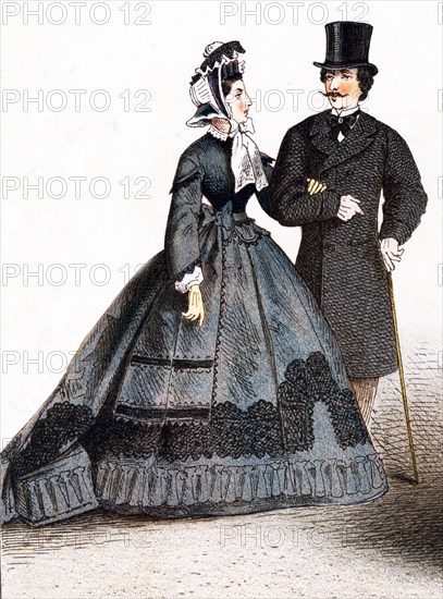 The couple pictured here represent German fashions during the years 1834 to 1881. The illustration dates to 1882.