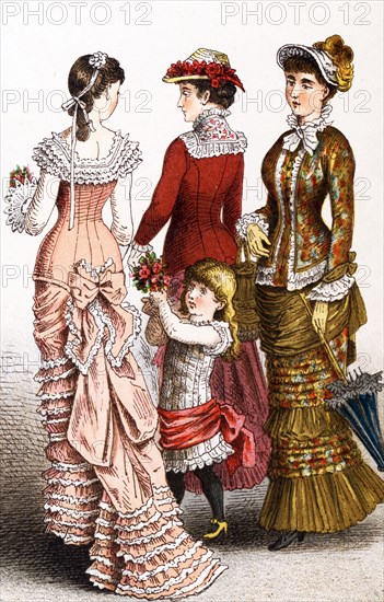 The figures pictured here, represent German fashions during the years 1834 to 1881. The illustration dates to 1882.