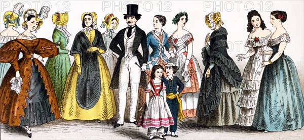 The figures pictured here, represent German fashions during the years 1834 to 1881. The illustration dates to 1882.