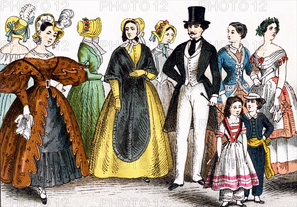 The figures pictured here, represent German fashions during the years 1834 to 1881. The illustration dates to 1882.