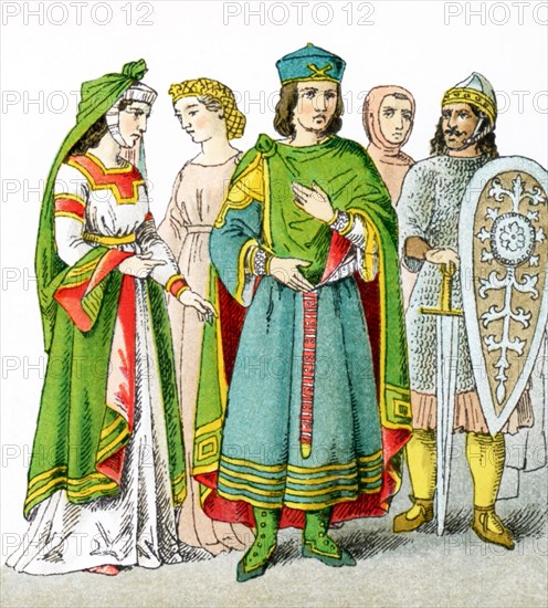 he figures pictured here represent Italians around A.D. 1200. They are, from left to right: Venetian lady of rank, Italian lady of rank, Venetian of rank, commoner, and warrior. The illustration dates to 1882.