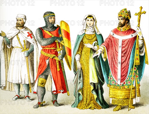 The figures represented here are English people around A.D. 1200. They are, from left to right: a Knight templar, a knight, a lady of rank, and a bishop. The illustration dates to 1882.