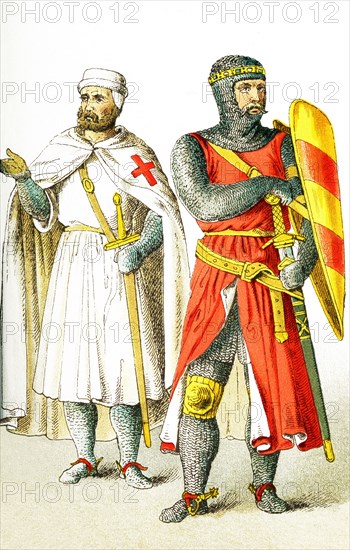 The figures represented here are English people around A.D. 1200. They are a Knight Templar and a knight. The illustration dates to 1882.