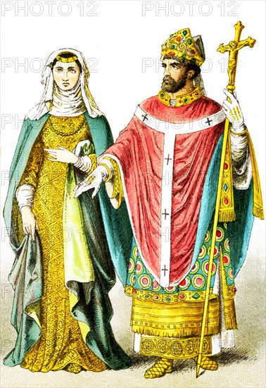 The figures represent an English lady of rank and an English bishop around A.D. 1200. The illustration dates to 1882.