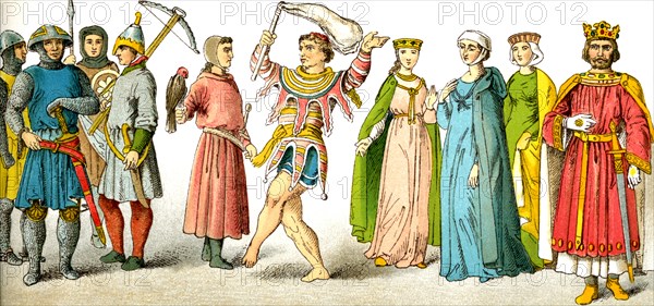 These figures represent English men and ladies in the dress around A.D. 1200. from left to right, they are: four warriors, a hunter, a jester, three noble ladies, and King John who issued the Magna Carta in A.D. 1215. The illustration dates to 1882.