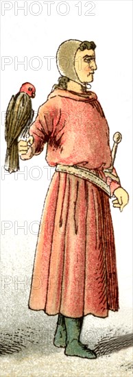 This figure represent an English hunter in the dress around A.D. 1200. He holds a falcon in his right hand. The illustration dates to 1882.