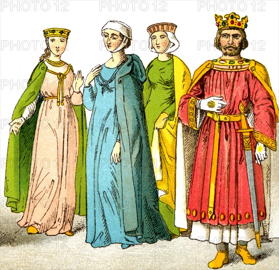 These figures represent three English noble ladies and King John in the dress around A.D. 1200. King John is the monarch who issued the Magna Carta in A.D. 1215. The illustration dates to 1882.