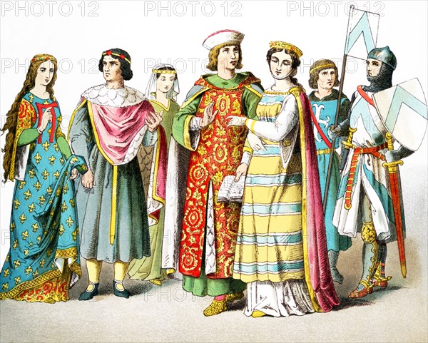 The figures here represent French people in A.D. 1200. They are, from left to right: princess, man of rank, lady of rank, man of rank, princess, two knights. The illustration dates to 1882.