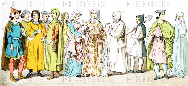 The figures in the illustration represent French people around A.D. 1200. They are, from left to right: seven citizens, a lady of rank, a Carthusian friar, a monister of order ""de la Trappe,"" a man of rank, a lady of rank. The illustration dates to 1882.