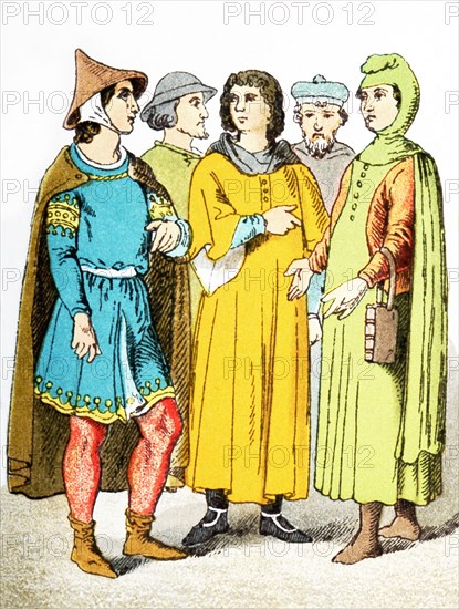 The figures in the illustration represent five French citizens around A.D. 1200. The illustration dates to 1882.