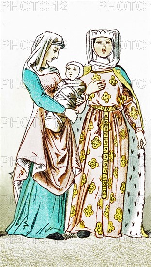 The figures in the illustration represent a French citizen (left) woth an infant and a French lady of rank around A.D. 1200. The illustration dates to 1882.