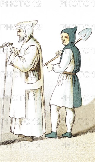 The figures in the illustration represent two French clergy members around A.D. 1200. They are, from left to right: a Carthusian friar and a minister of order ""de la Trappe."" The illustration dates to 1882.