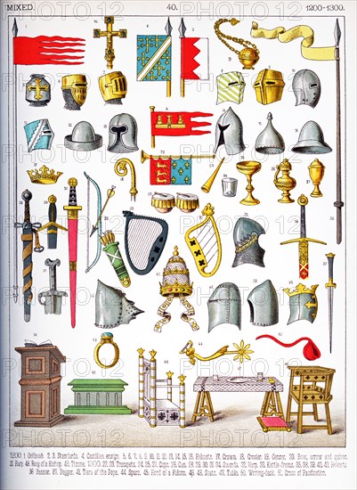 The artifacts here date to Europe between 1200 to 1300. They are, according to the numbers‚ÄîFROM 1200: 1. oriflamb, 2/3. standards; 4. Castilian ensign; 5-16. helmets; 17. crown; 18. crosier; 19. censer; 20. bow, arrow, and quiver; 21. harp; 48. ring of a bishop; 49. throne; FROM 1300: 22/23. trumpets; 24/25/27. cups; 26. can; 28/29/30/31/34. swords; 32. harp; 33. kettle-drums; 35/38/39/40/42. helmets; 36. banner; 37. dagger; 41. tiara of the pope; 44. spurs; 45. hood of a falcon; 46/48. seats; 47. table; 50. writing desk; 51. cross of pacification.This illustration dates to 1882.