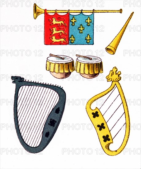 The musical instruments shown here date to Europe between 1200 and 1300. At top are two trumpets. In the middle are two kettle drums. At the bottom are two harps.This illustration dates to 1882.