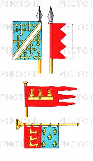 At top are shown two standards. In the middle is a Castilian ensign. At bottom is a trumpet with a banner showing lions rampant and fleur-de-lis. All are European and date to the 13th century, 1200-1300.The illustration dates to 1882.