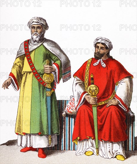 The two Moorish kings of Granada are dressed in clothing dating to A.D. 1300. The illustration dates to 1882.