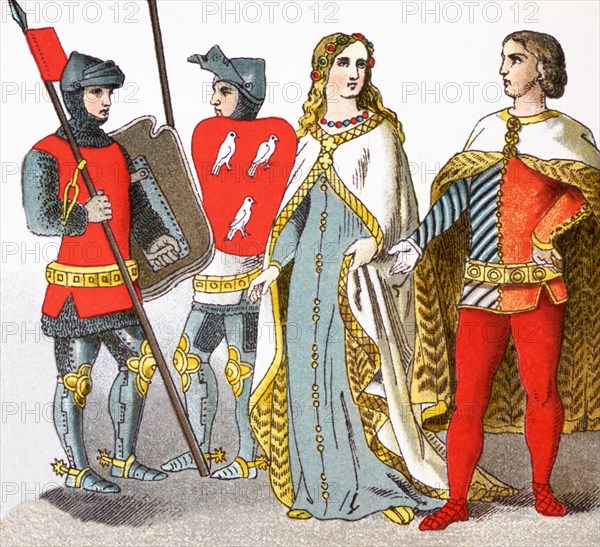 The Spanish figures are dressed in clothing dating to A.D. 1300 and represent, from left to right: two hunters, men of rank, two ladies of rank, two knights, a lady of rank, two men of rank. The illustration dates to 1882.