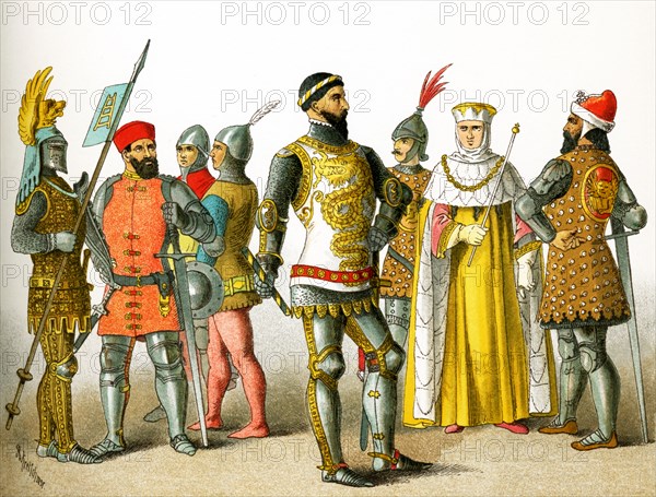 The figures in this image are Italians from the A.D. 1300s. They represent, from left to right: three knights, a soldier, Bernabo Visconti (died 1385), Venetian warrior, Roman senator, Doge of Venice. The illustration dates to 1882. Bernabo Visconti was an Italian soldier and statesman, who was the Lord of Milan.