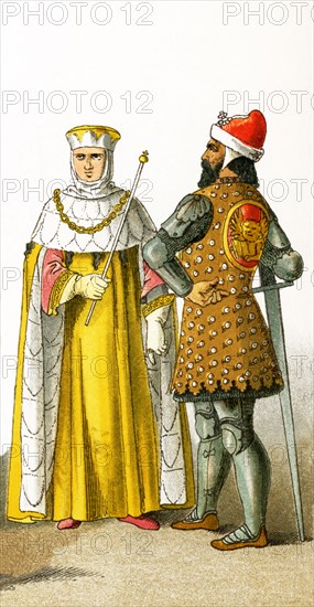 The figures in this image are Italians from the A.D. 1300s. They represent, from left to right: Roman senator and Doge of Venice. The illustration dates to 1882. .