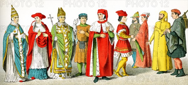 The figures in this image are Italians from the A.D. 1300s. They represent, from left to right: a pope, a cardinal, an archbishop, a citizen, four men of rank, a citizen, a peasant. The illustration dates to 1882. .